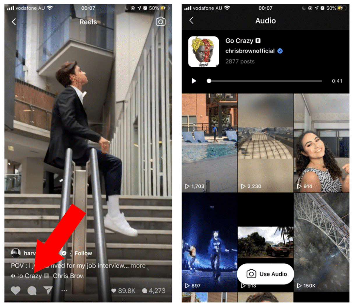 các câu chuyện sử dụng âm thanh hoặc Hashtags